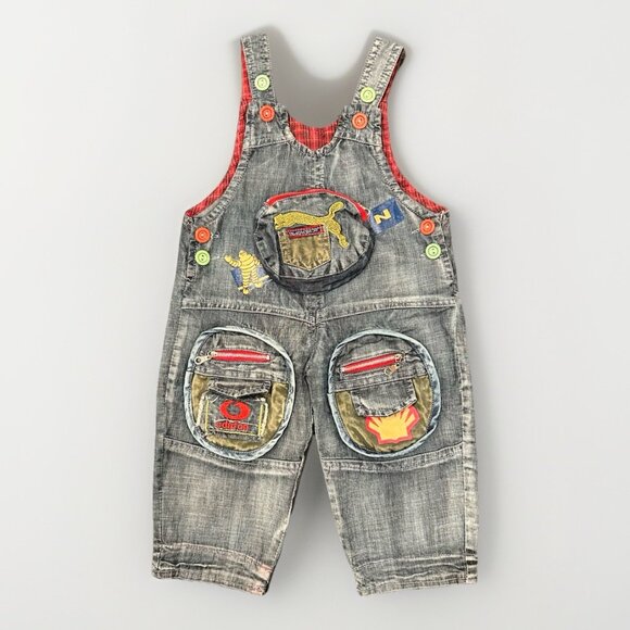 Denim Overalls Car Motif Toddler Size 2T Michelin Jaquar Odafon Shell Flannel - Picture 2 of 11
